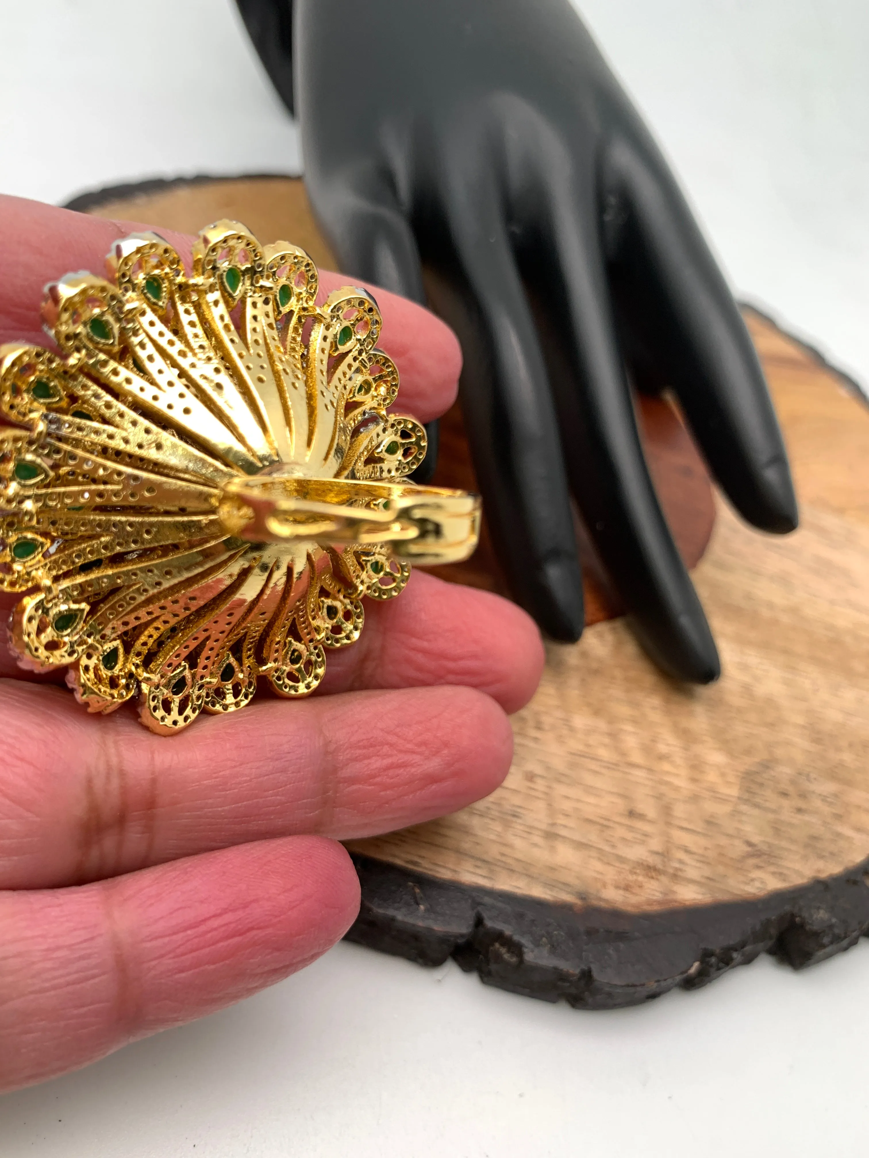 AD Green Stone Multi Layer Floral Round Ring