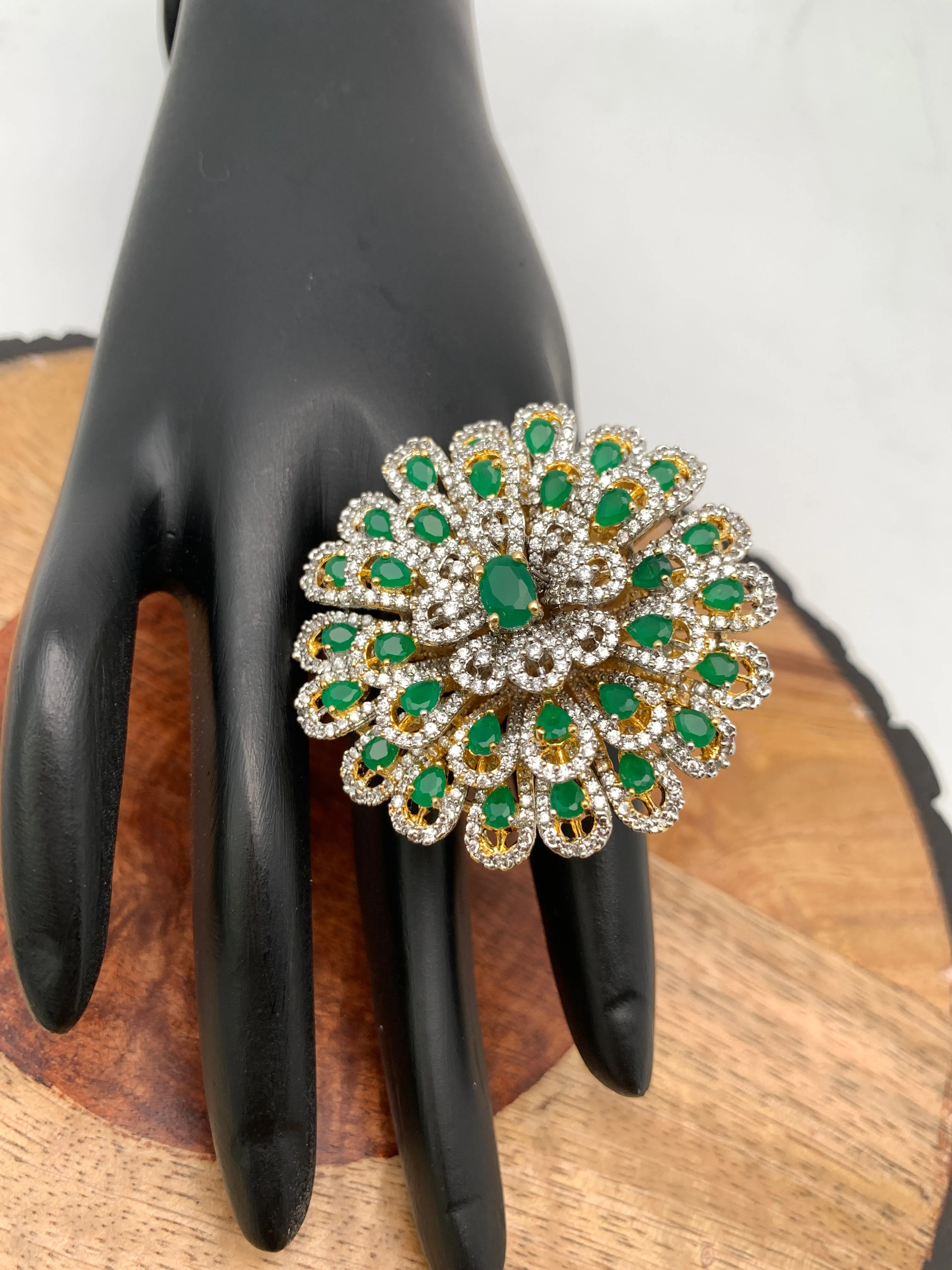 AD Green Stone Multi Layer Floral Round Ring