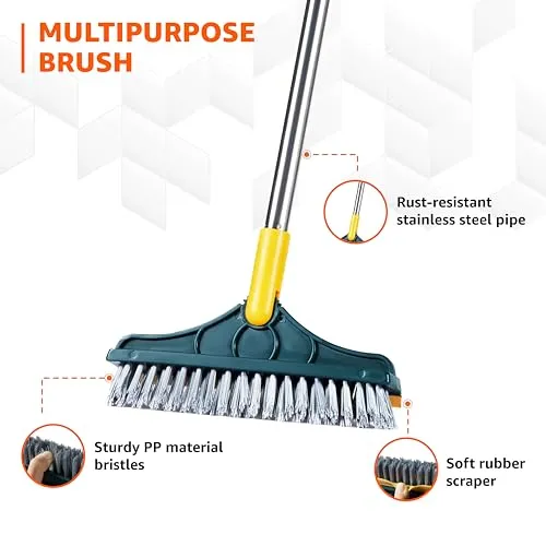 Amazon Brand - Presto! 2-in-1 Bathroom & Floor Cleaning Brush with Wiper & Long Handle for Bathroom, Home, and Kitchen