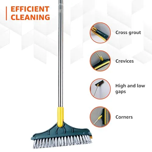 Amazon Brand - Presto! 2-in-1 Bathroom & Floor Cleaning Brush with Wiper & Long Handle for Bathroom, Home, and Kitchen