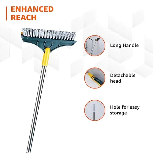 Amazon Brand - Presto! 2-in-1 Bathroom & Floor Cleaning Brush with Wiper & Long Handle for Bathroom, Home, and Kitchen
