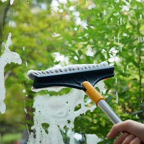 Amazon Brand - Presto! 2-in-1 Bathroom & Floor Cleaning Brush with Wiper & Long Handle for Bathroom, Home, and Kitchen