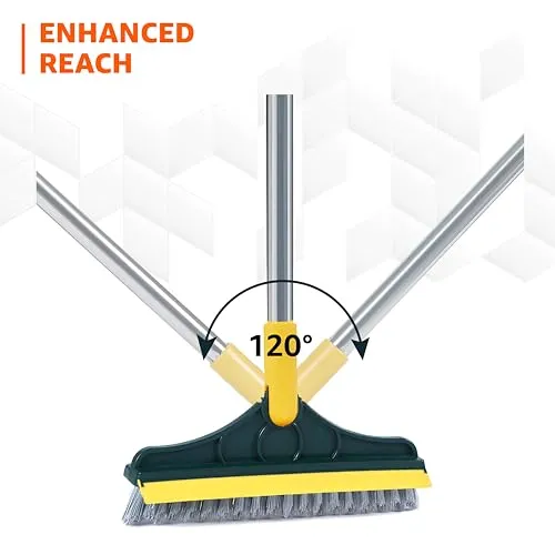 Amazon Brand - Presto! 2-in-1 Bathroom & Floor Cleaning Brush with Wiper & Long Handle for Bathroom, Home, and Kitchen