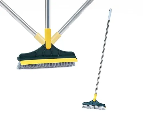 Amazon Brand - Presto! 2-in-1 Bathroom & Floor Cleaning Brush with Wiper & Long Handle for Bathroom, Home, and Kitchen