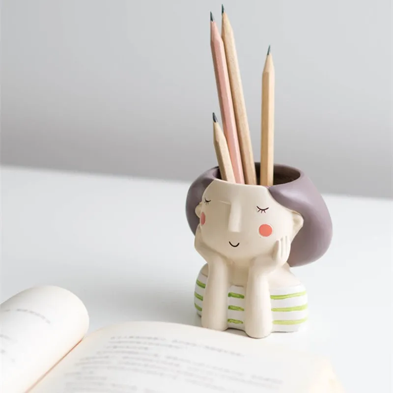 Cute Girl Boy Resin Pen Holder