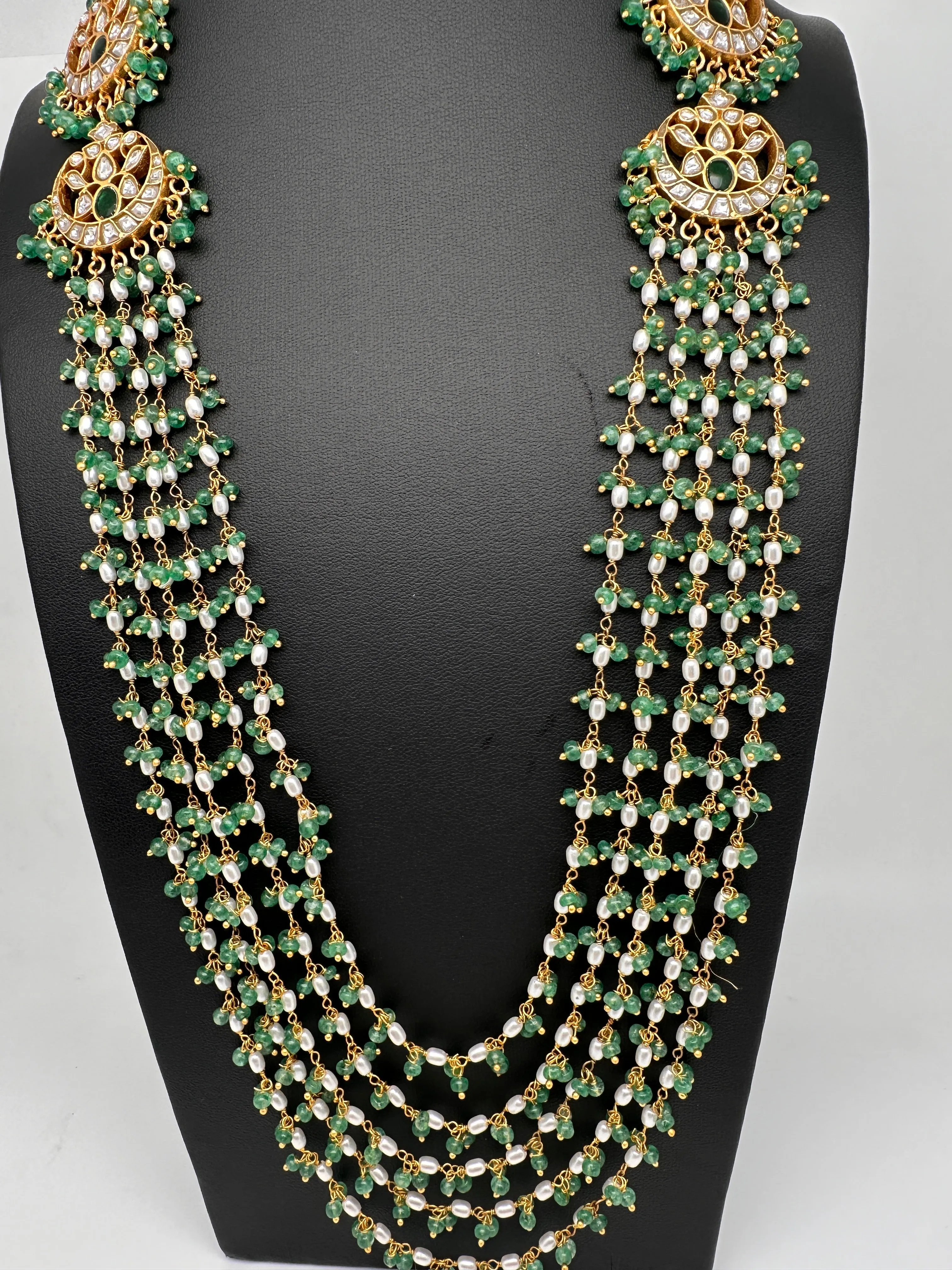 Jadau Kundan Multi Layer Green Beads Rani Haar Necklace