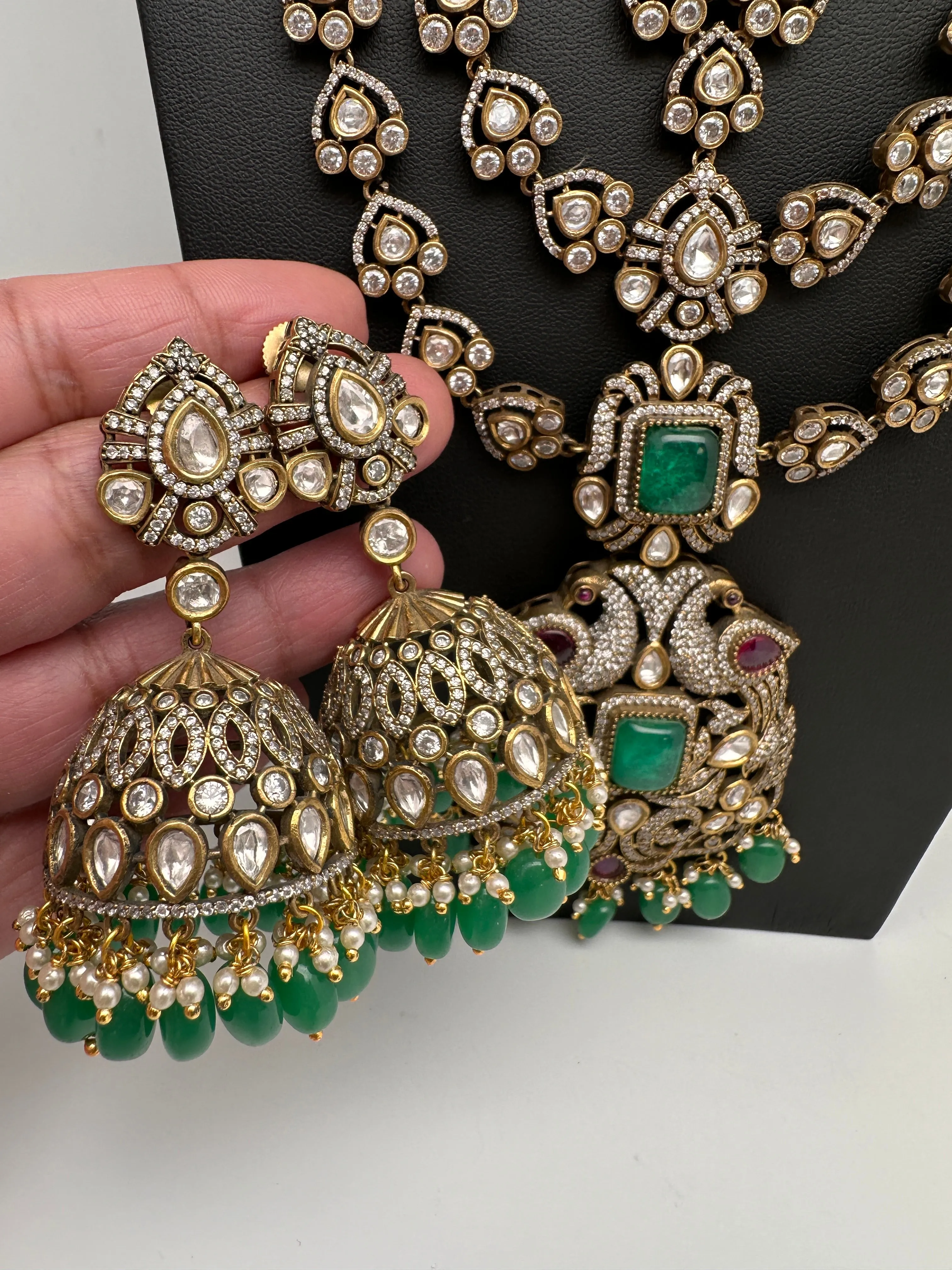 Kundan CZ Multi Layer Mehendi Polish Long Necklace
