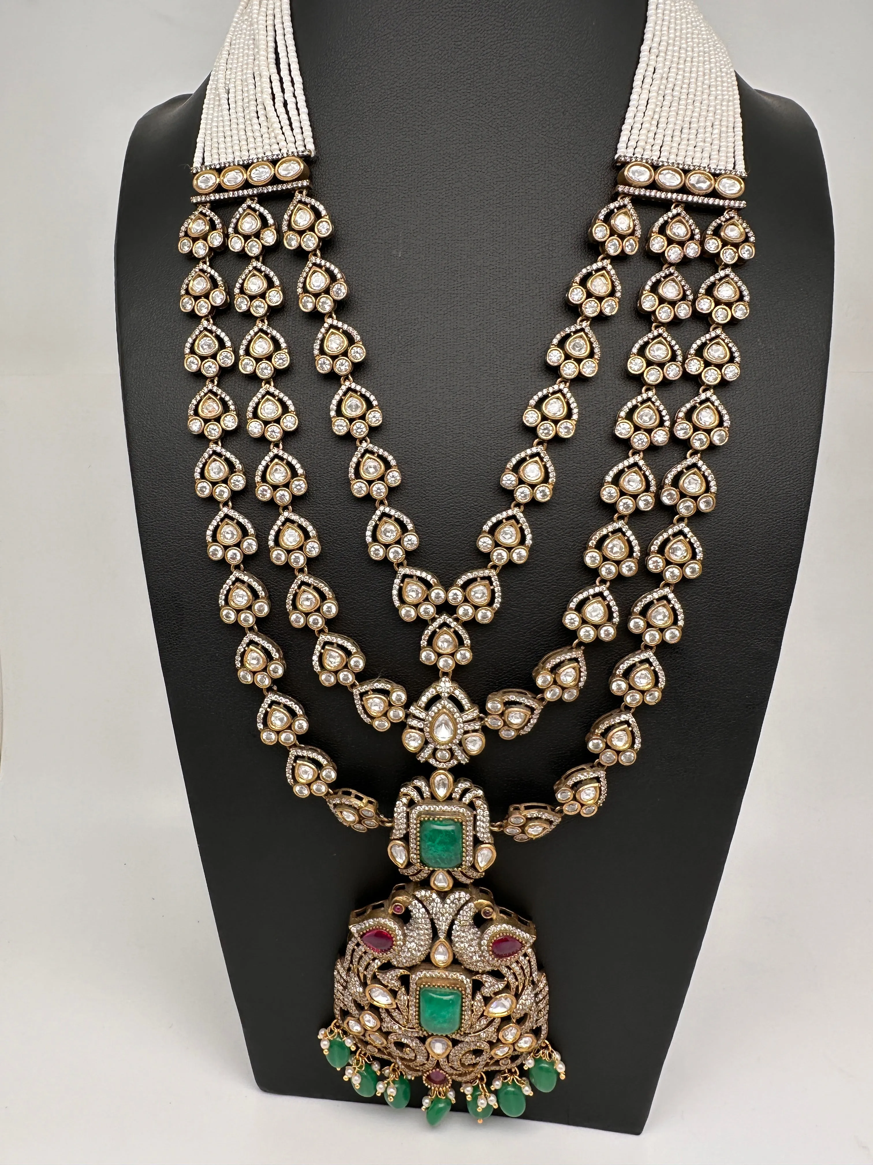 Kundan CZ Multi Layer Mehendi Polish Long Necklace