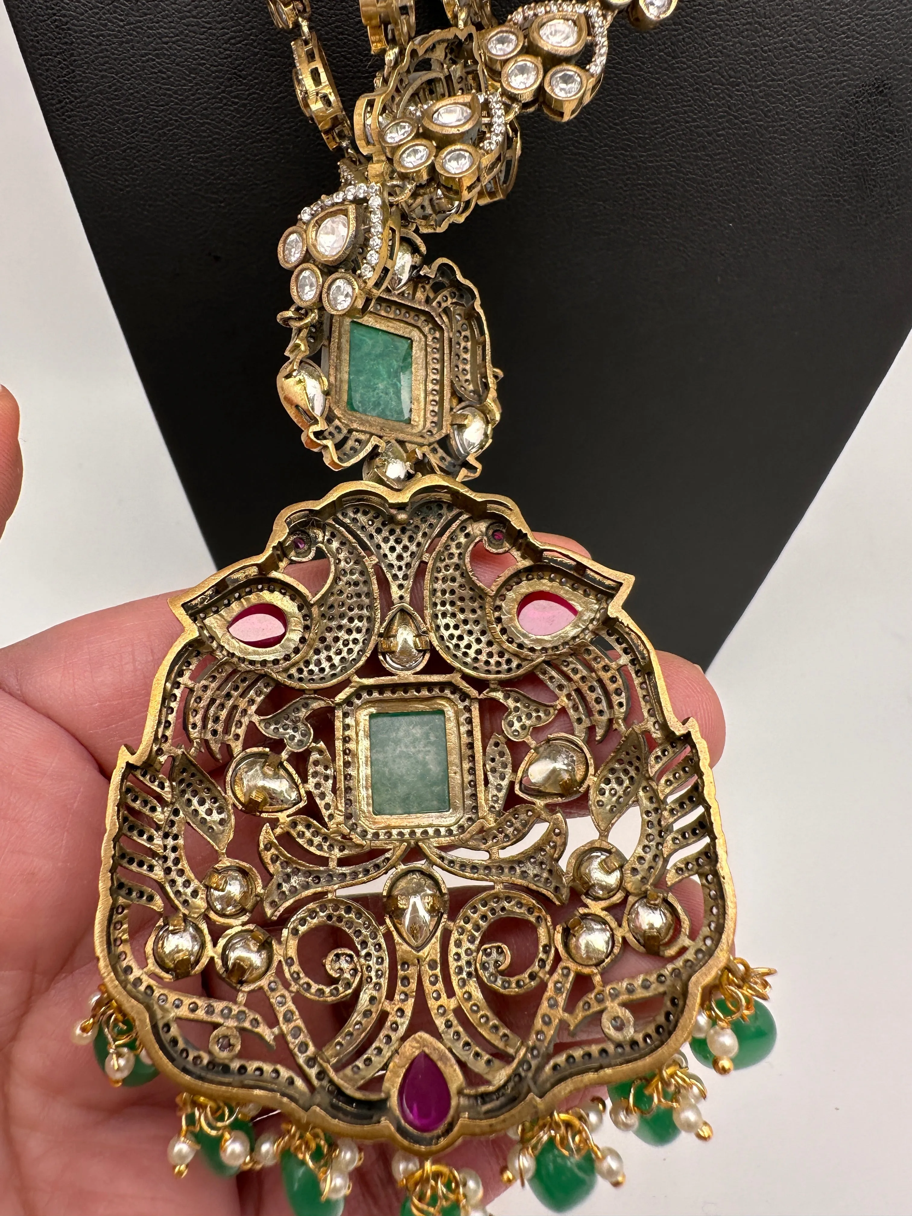 Kundan CZ Multi Layer Mehendi Polish Long Necklace