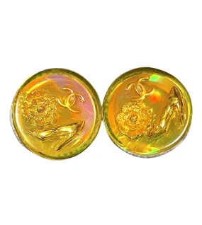 Vintage CHANEL yellow orange tone aurora resin earrings with Chanel iconic charms. Golden shoe, camellia, and CC mark in it. 041228an1